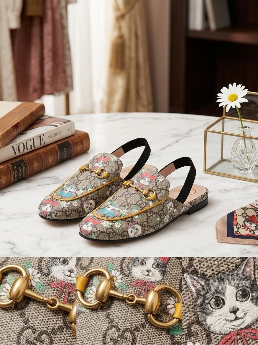 Gucci Kids' Cat Print Horsebit Backless Loafers - Beige Yellow Accents size 33